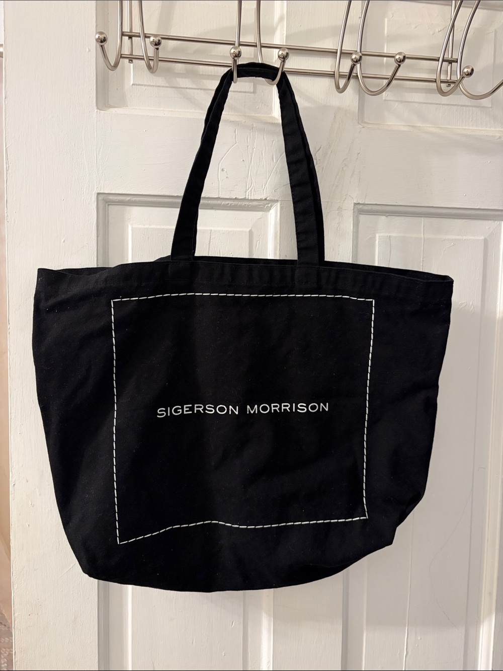 Sigerson Morrison Black Canvas Shopper Tote with White Stitching